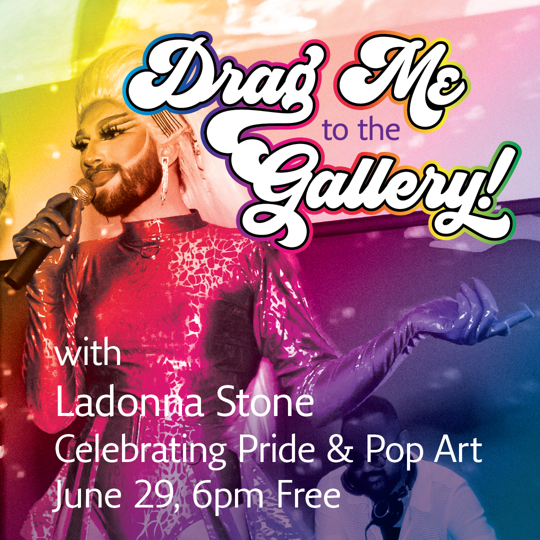 Drag Queen Ladonna Stone stands in front of a rainbow background