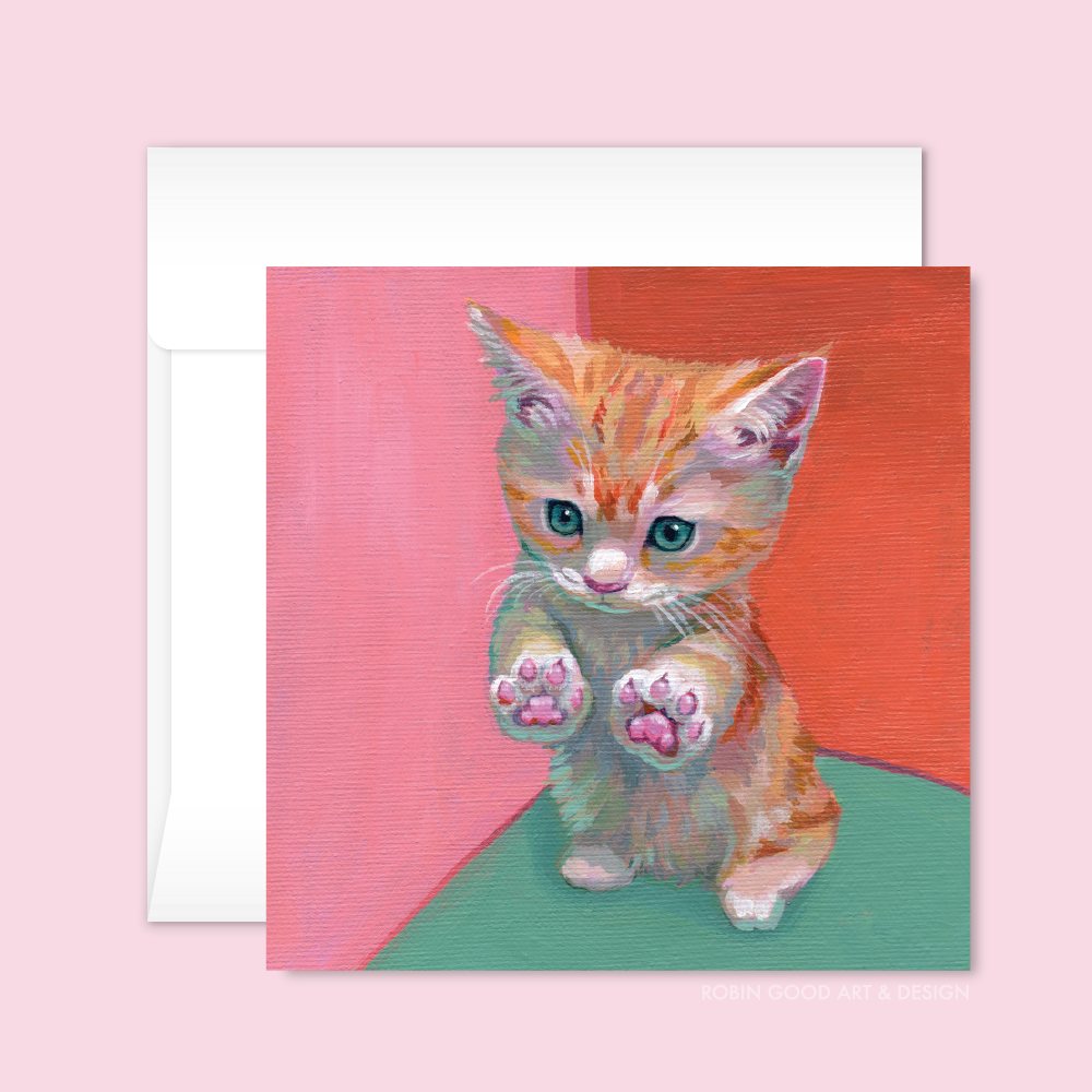 a print of a cat on a pink background