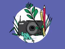 Illustration of camera, pencils and nature